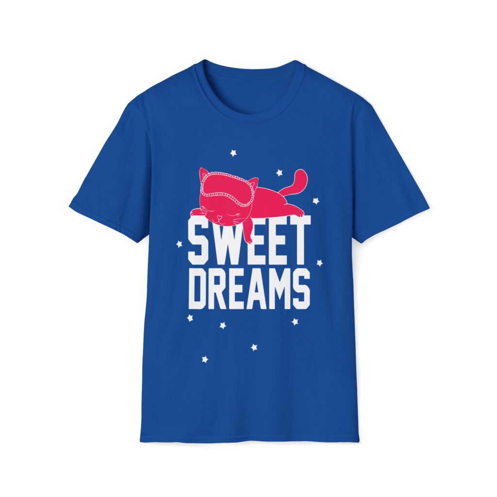 Blaues T-Shirt mit roter schlafender Katze, Schriftzug "Sweet Dreams".